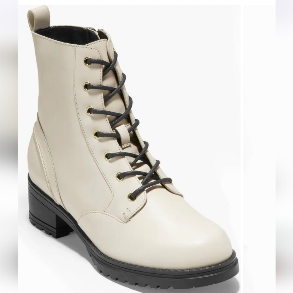 Cole Haan Ivory Leather Camea Combat Boots NIB